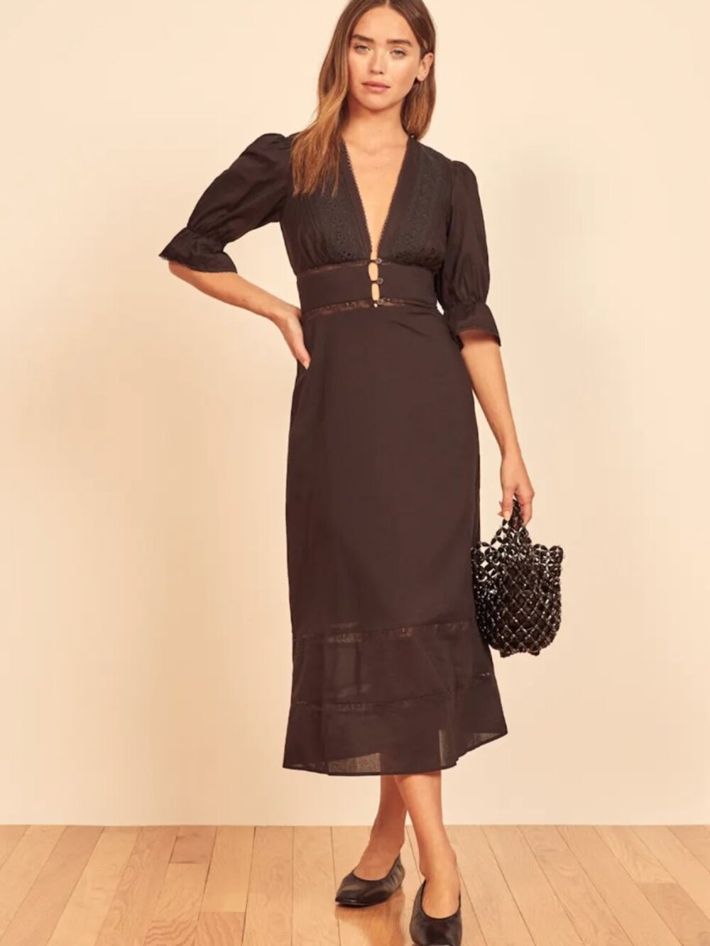 Reformation Fran Midi Dress 0 Black Lace Puff Sleeve
